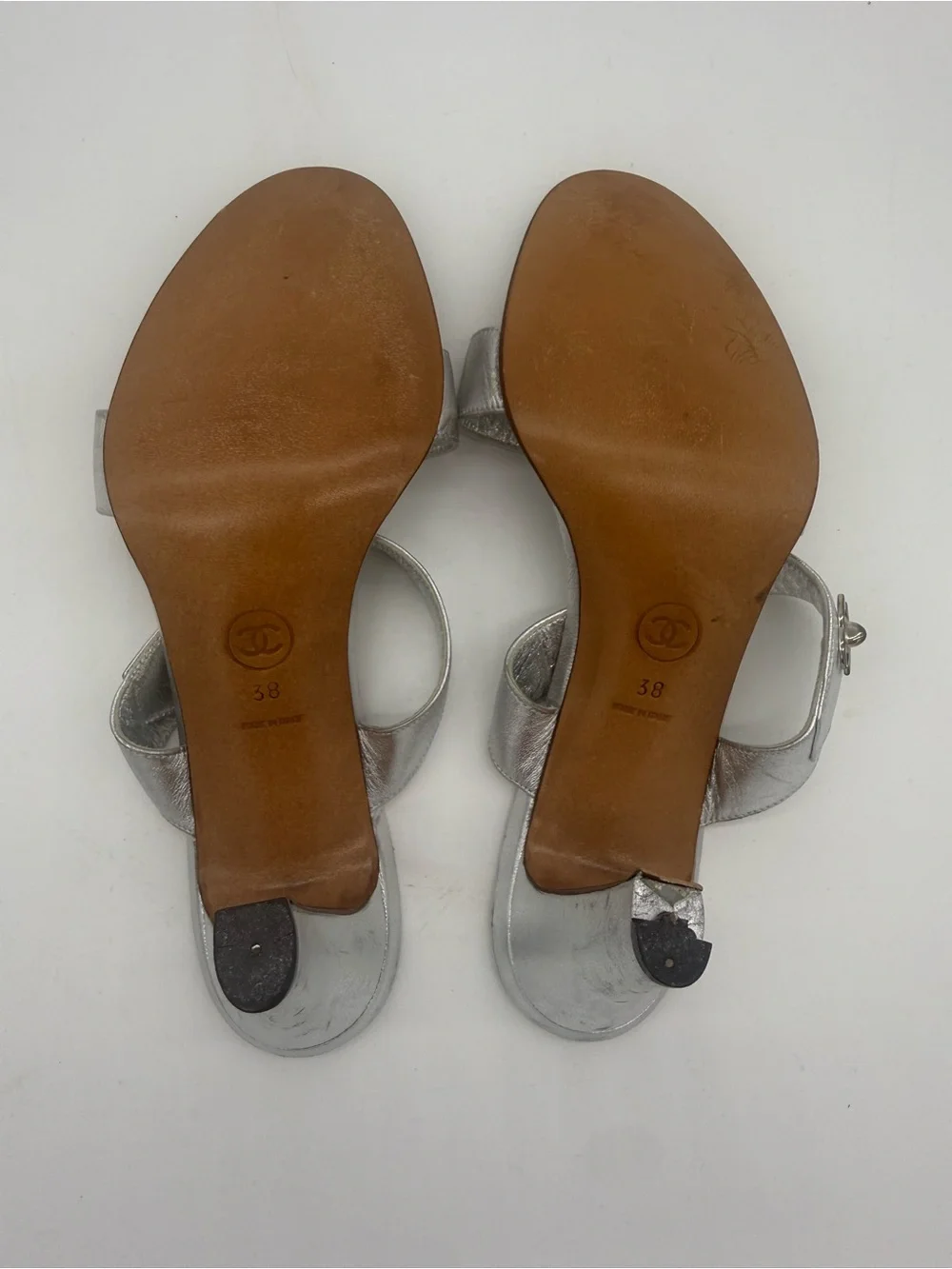 CHANEL Silver Metallic CC Turnlock Mules Heels 38